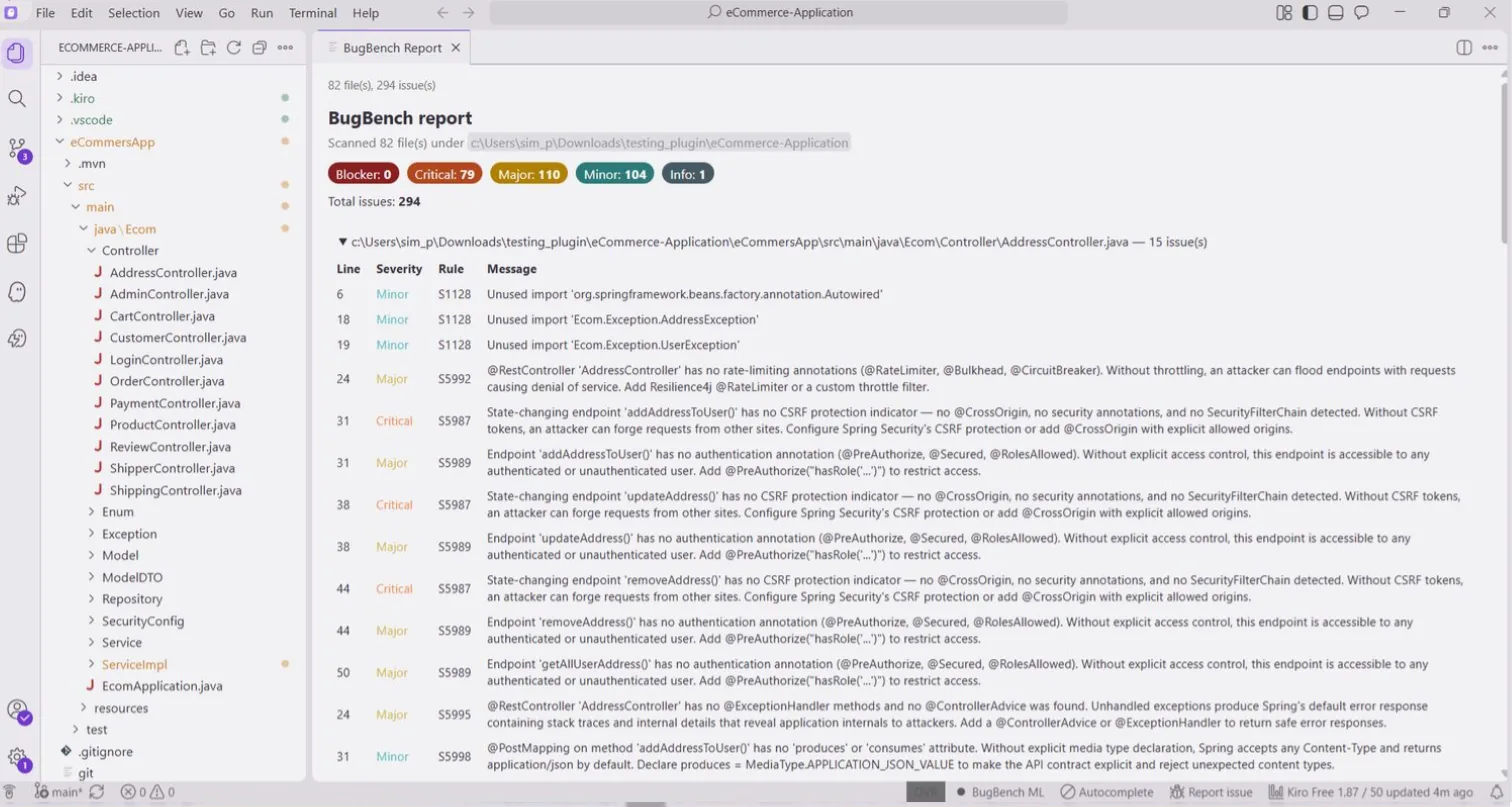 The BugBench workspace report in Kiro: 294 issues across 82 files, broken down by severity with per-file rule tables